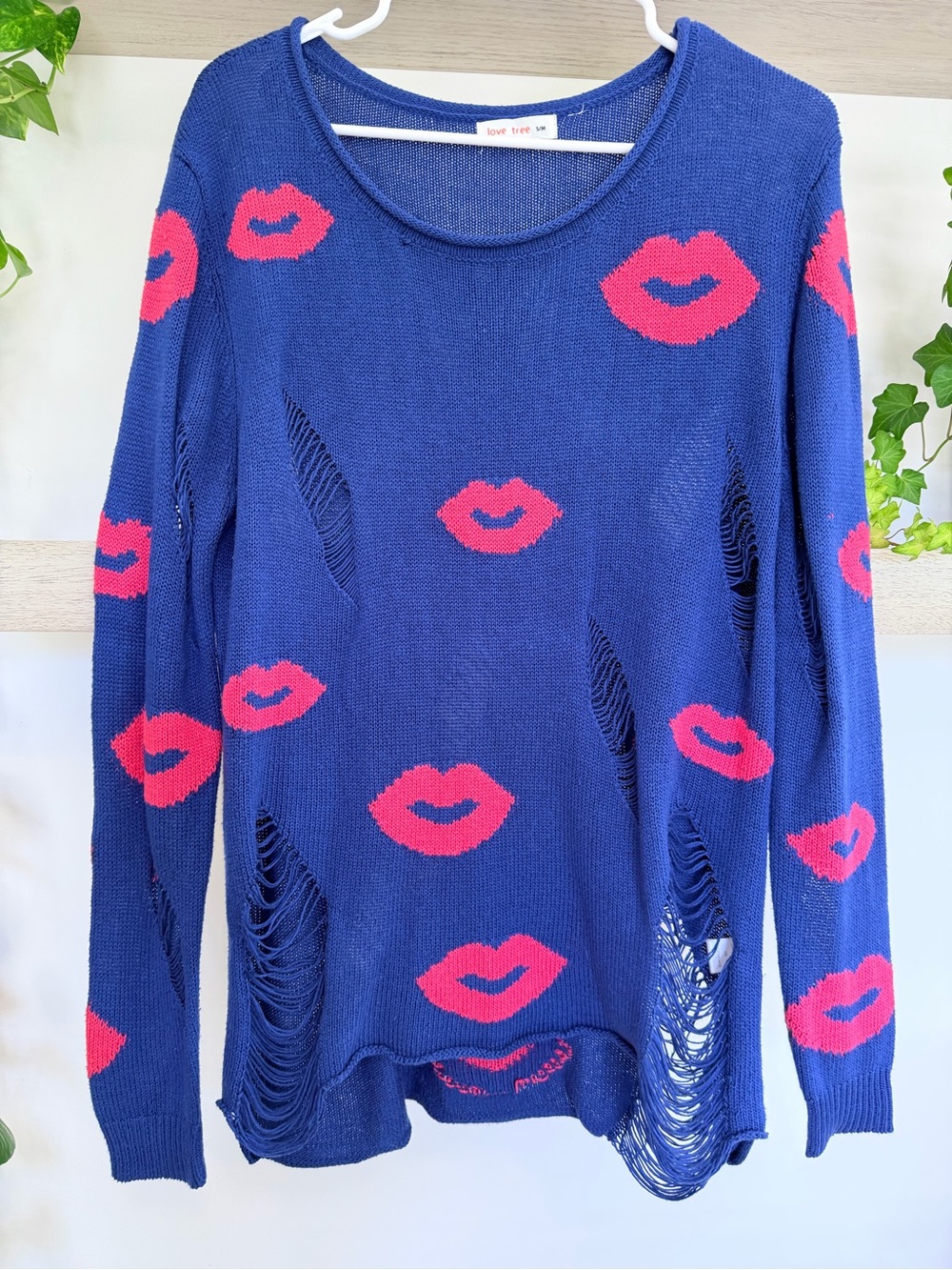 Love Tree Navy Sweater with Pink Lip Motif